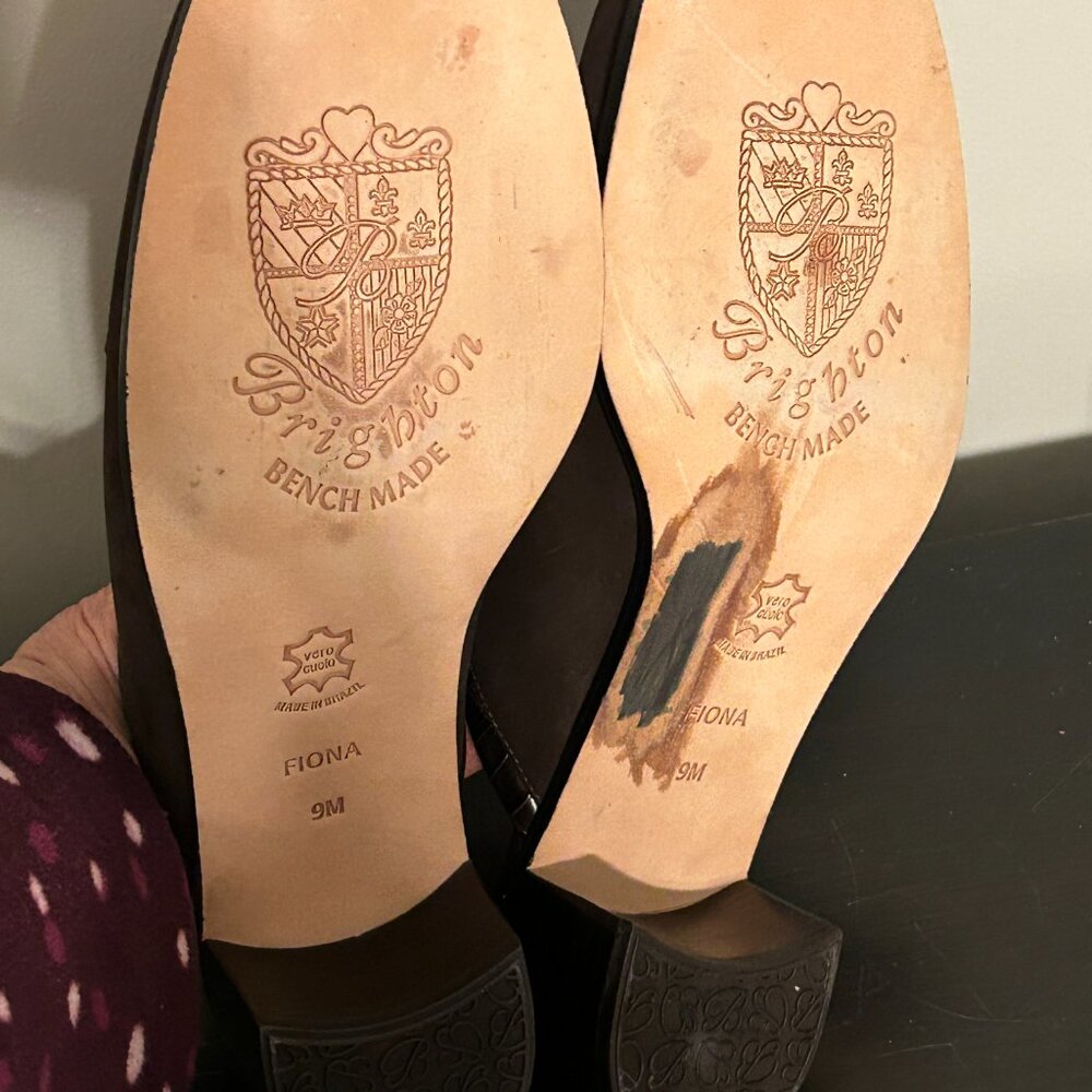 BRIGHTON Fiona Sz 9 Brown Floral Embroidered Suede Leather Heels Mules - Picture 6 of 6